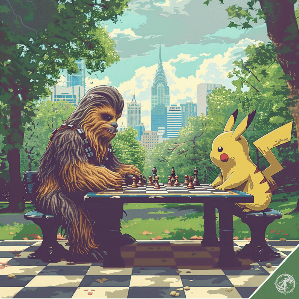 Chewbacca and Pikachu playing chess